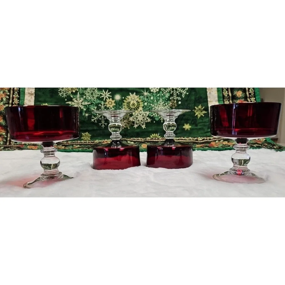 Vintage‎ Red Ruby Champagne Clear Ball Stem Glass Pair 